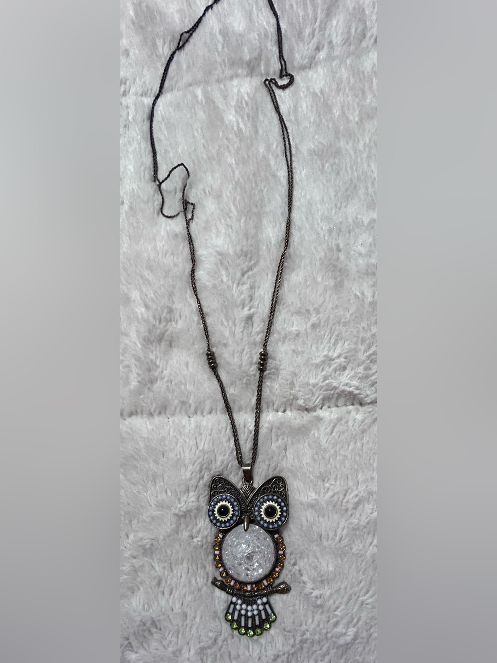 Vintage Style Bronze Toned Metal Owl Gemstone Pendant Necklace